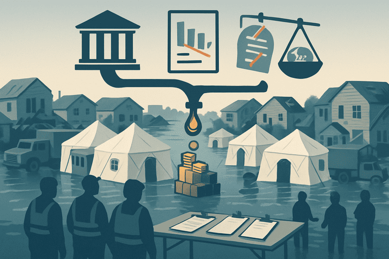 FEMA-style disaster recovery site with tents, vehicles, and relief workers near flood-damaged houses.