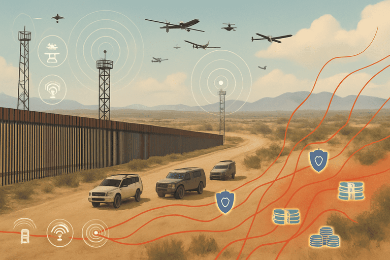 Border barrier with government vehicles and personnel at a staging area under surveillance towers.