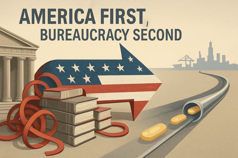 Agency officials and a customs officer walking into a government building for a policy briefing.