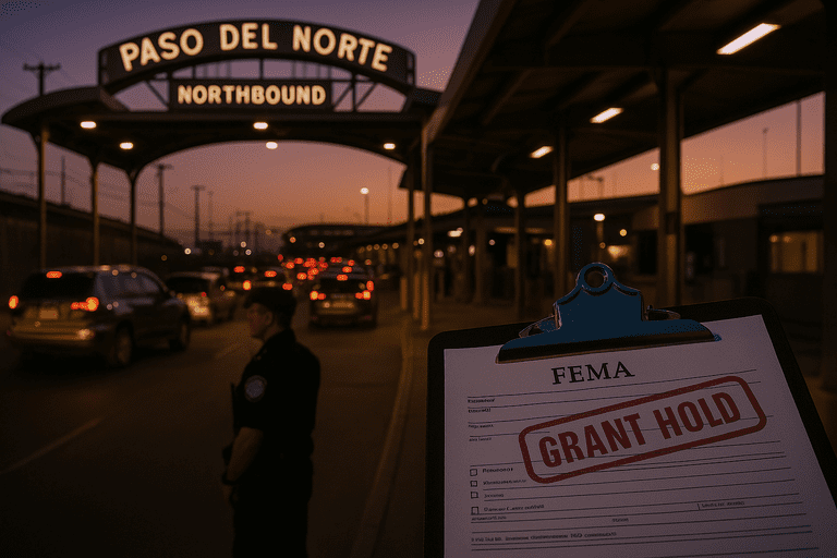 CBP inspection lanes at a U.S.–Mexico port of entry with visible FEMA grant paperwork marked on hold.