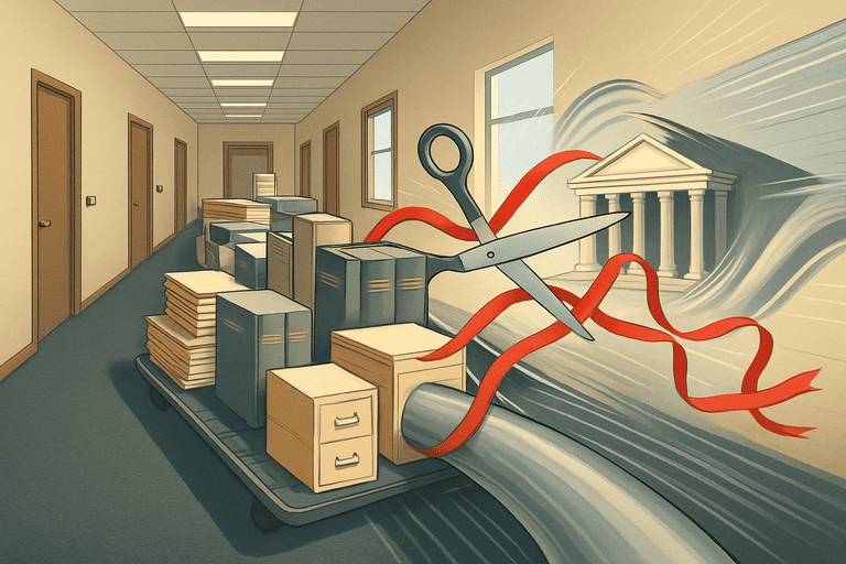 Government office corridor with a staffer carrying folders toward a conference room.