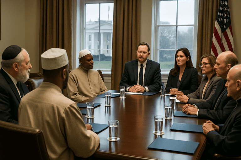 Faith leaders and White House staff meeting in a government conference room with the White House visible through a window.