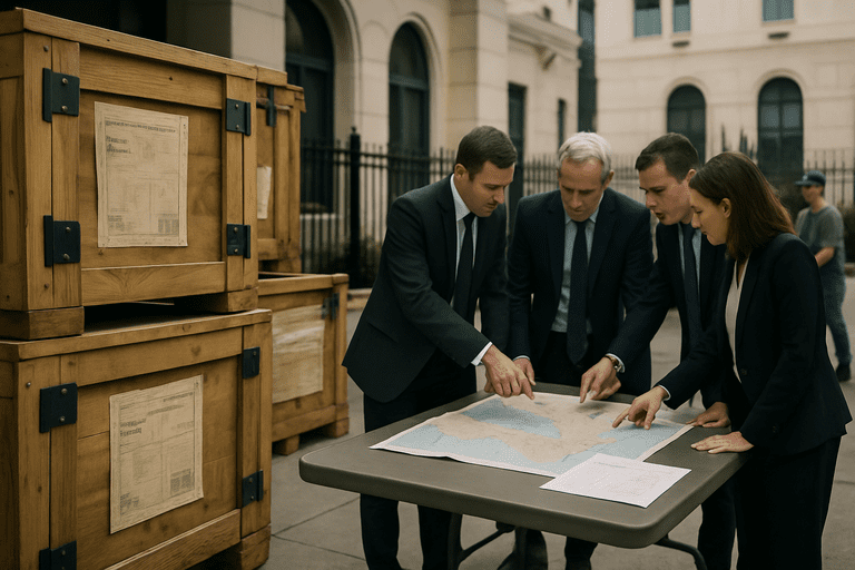 Crates and officials around maps show expedited arms transfers and interagency planning.