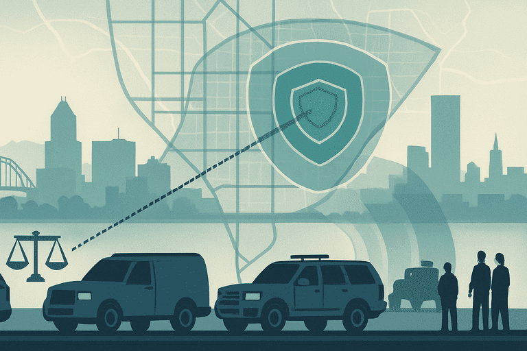 federal_forces_to_portland_a_c Federal law enforcement vehicles parked on a Portland street with bystanders watching from the sidewalk.