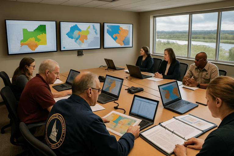 State emergency managers meet around a table reviewing maps and laptops in an operations center.