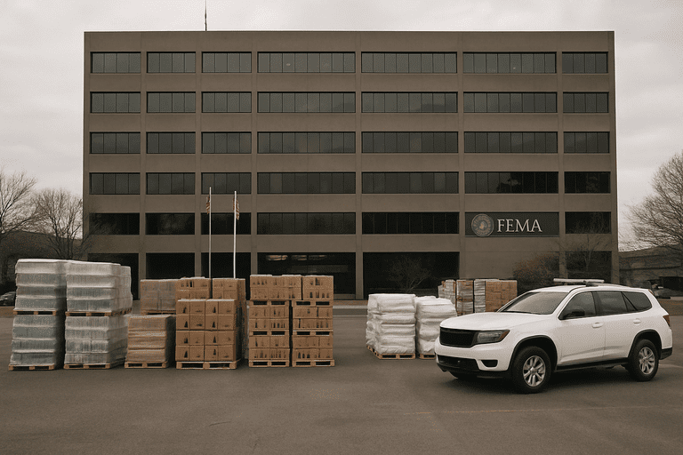 FEMA headquarters with disaster relief supplies staged outside and an unmarked emergency vehicle.