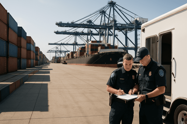 how_the_new_tariff_push_works_ Wide view of a U.S. container port with cranes, stacked containers, and customs officers at a mobile command trailer.