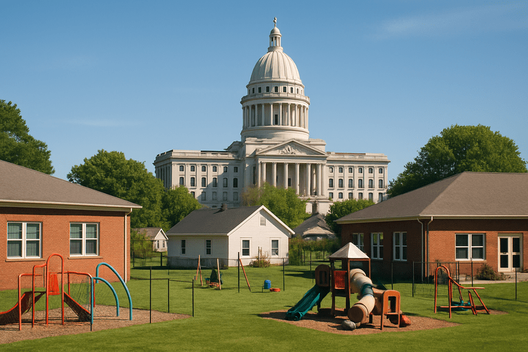 local_control_new_gates_how_fe State capitol beyond a row of suburban child-care centers and a small playground.