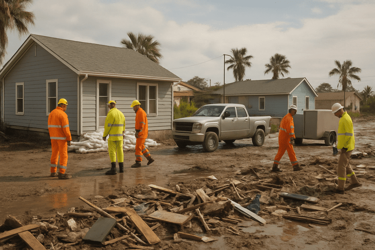 Emergency workers inspect a sandbagged house and debris in a flooded neighborhood, with utility vehicles nearby.