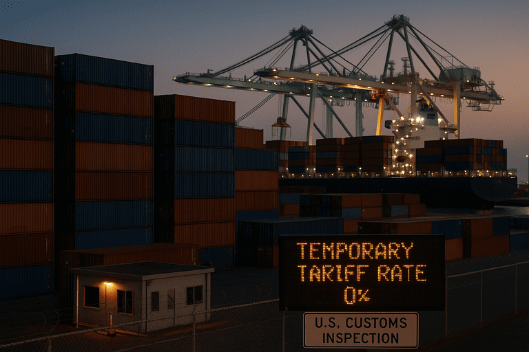 Container ship unloading at a U.S. port during a 90‑day tariff pause.