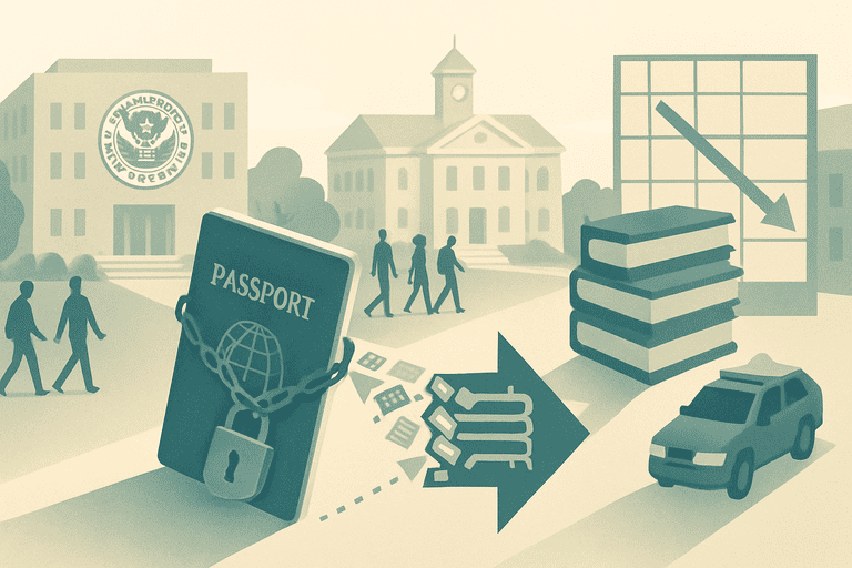 Department of Homeland Security building and nearby university quad with students in the distance.