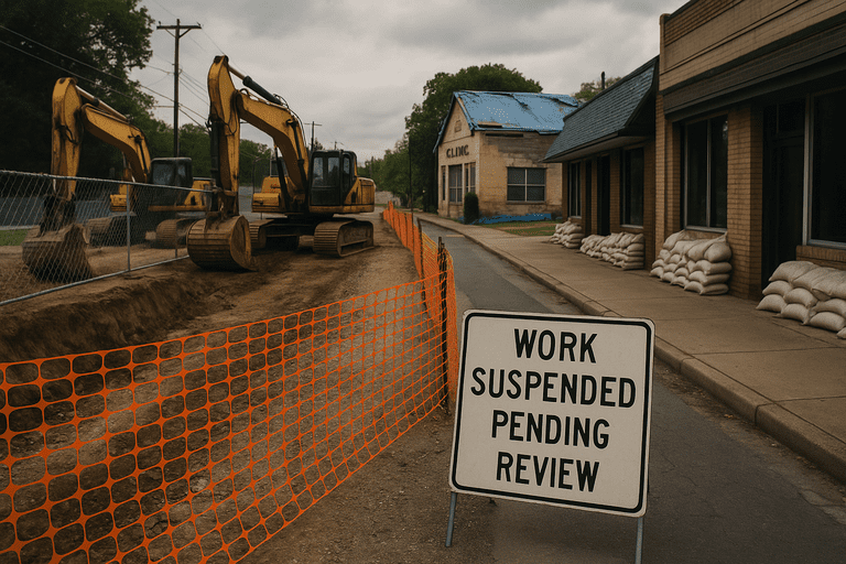 trump_s_fema_overhaul_promises Flood control work stands idle and a storm-damaged clinic awaits repairs during a pause in FEMA-related funding.