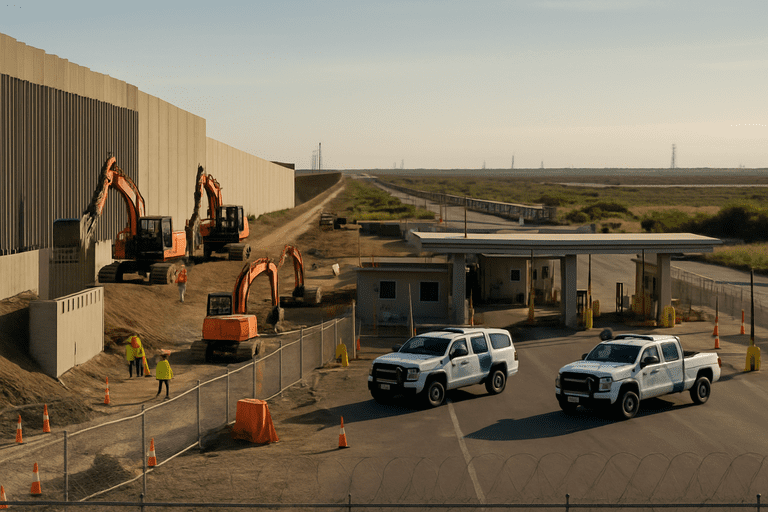 Construction of a border wall section near a staffed port of entry with military and CBP vehicles present.