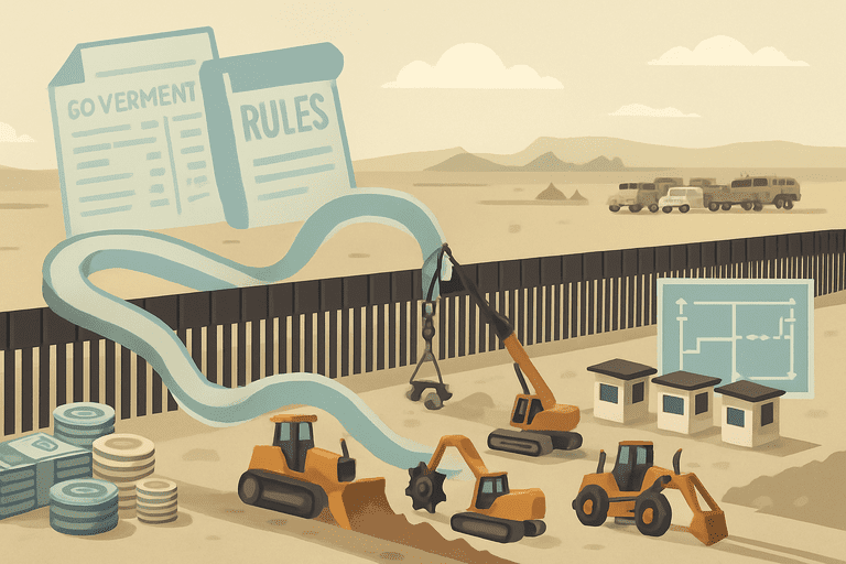 Construction of border fence with CBP booths and National Guard vehicles nearby.