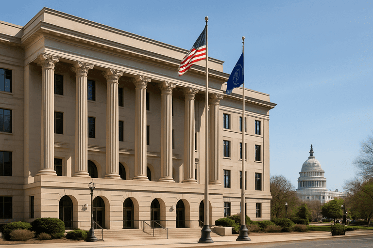 FCC building with the U.S. Capitol visible in the background under a clear sky.