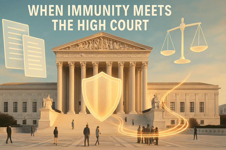 Supreme Court building with people on the steps and reporters nearby.