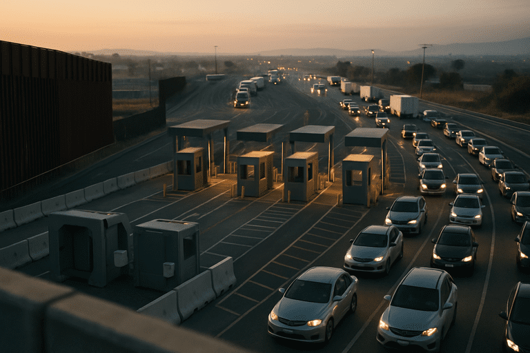 CBP officers and inspection lanes at a land port of entry at dusk with inspection equipment and vehicles.