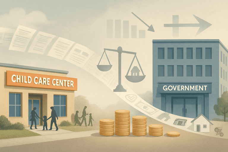 Parents dropping children at a childcare center near a government office building.