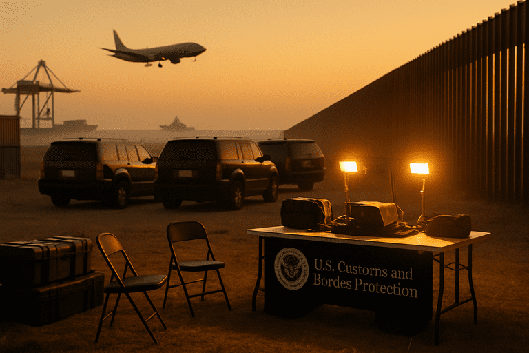 CBP command post at dusk with agents, surveillance plane, and distant ship.