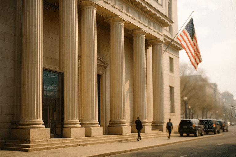 Exterior of a federal agency building photographed mid‑morning, columns in focus and a soft street background.