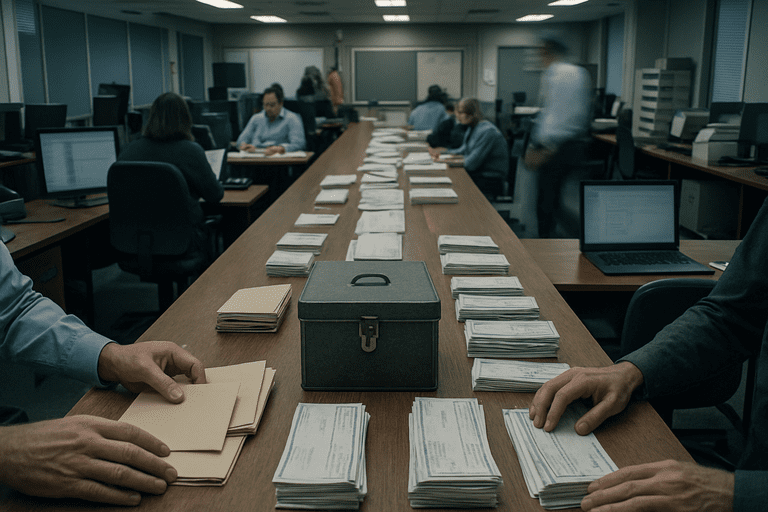 Government emergency operations room with staff at desks and computer screens, mid‑range view.