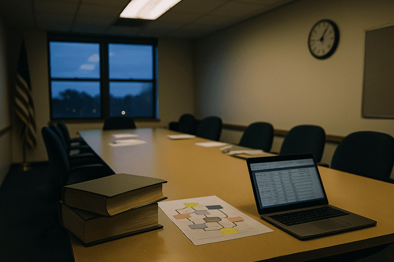 Two federal employees review regulatory binders and a blurred dashboard in a conference room at dusk.