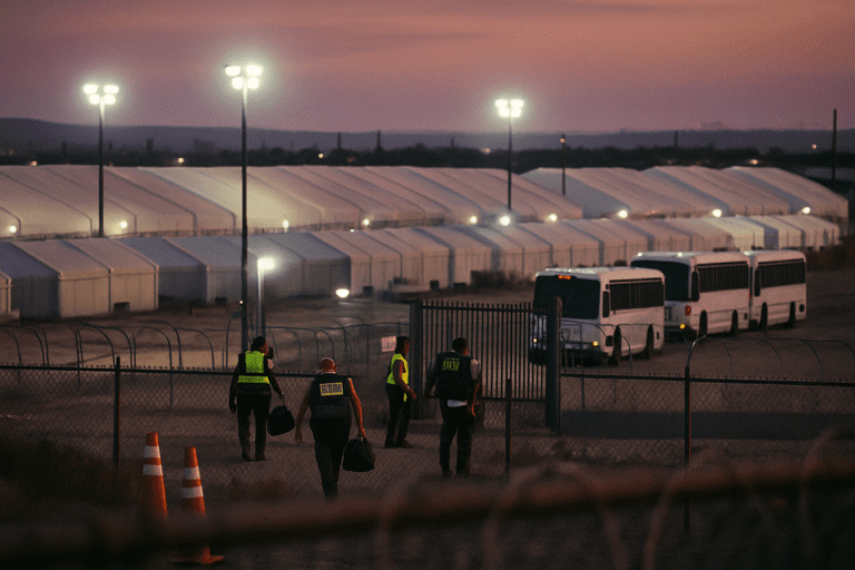 Dusk view of a large tent detention site near El Paso with buses and federal personnel at an intake gate.