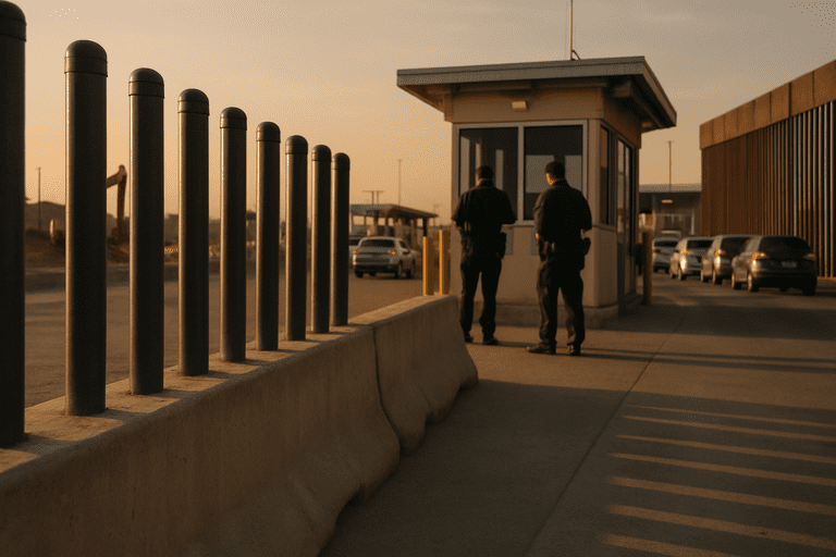 CBP checkpoint with new concrete barriers, inspection booth, and construction equipment at a southern port of entry during golden-hour light.