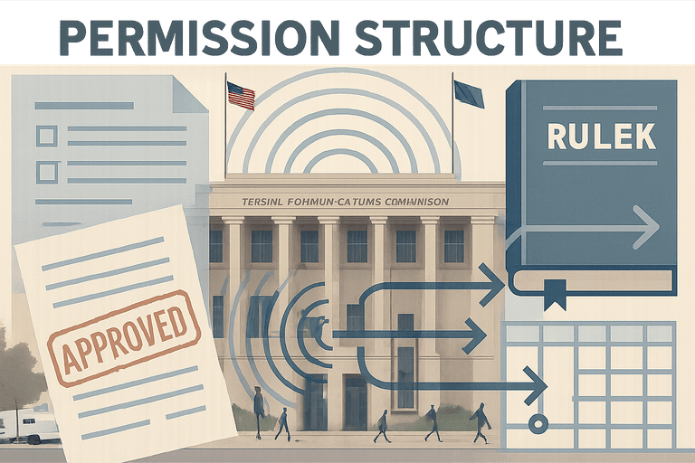 Federal Communications Commission building with news vans parked outside.