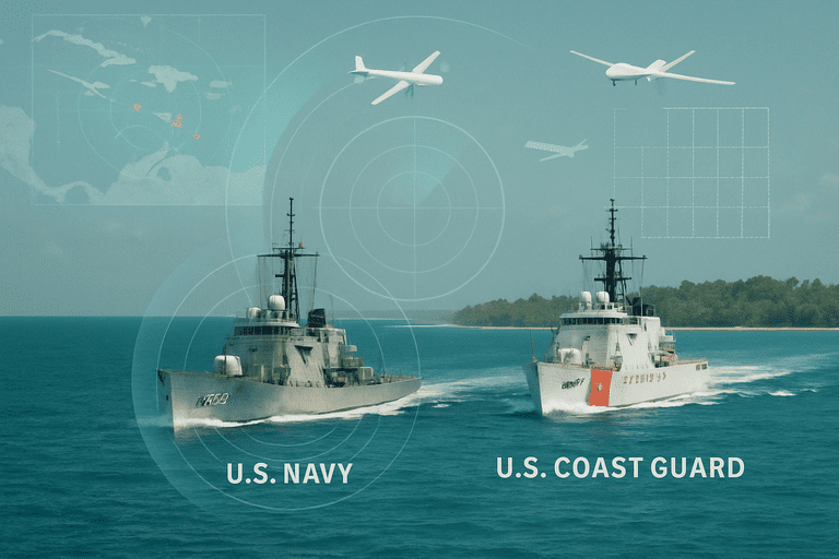 U.S. Navy patrol ship and Coast Guard cutter operating in Caribbean waters.