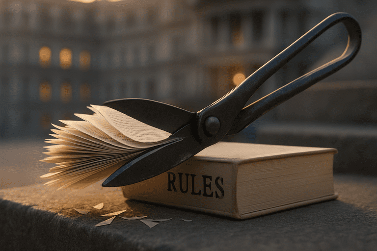 White House aides walk down steps outside the Eisenhower Executive Office Building with a broadcast camera in the foreground.