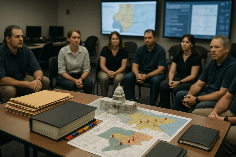 Officials and state emergency managers in a conference room reviewing disaster planning documents.