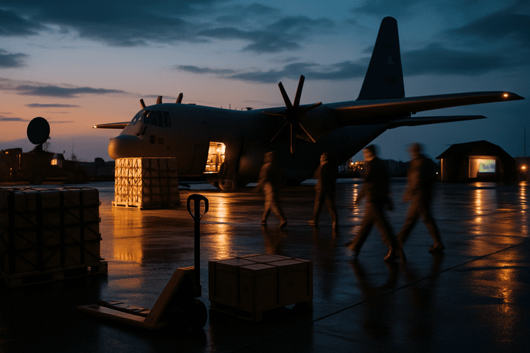 Cargo aircraft unloading at a twilight military logistics hub with personnel and equipment on the ramp.