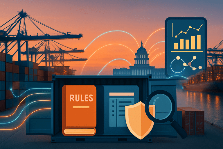 Customs officers and a Commerce analyst inspecting shipping containers at a busy U.S. port terminal.