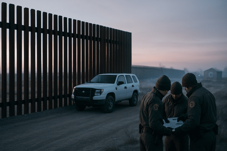 DHS officers and military planners confer beside a new stretch of border barrier at dawn.