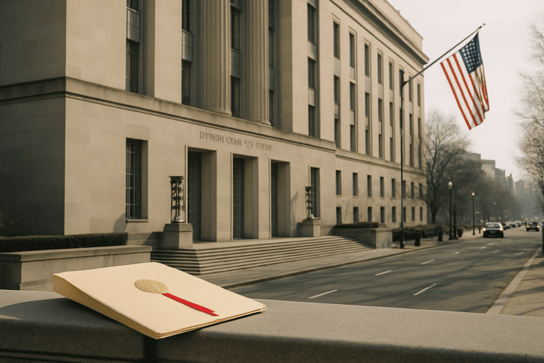 The U.S. Department of Justice building exterior with steps and flagpole in soft morning light.