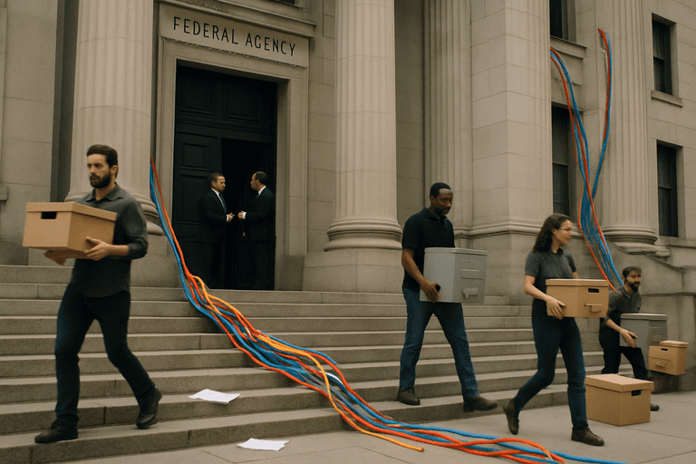Federal agency building entrance with staff carrying boxes and officials conversing on the steps.