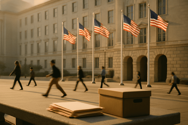 Federal office building exterior with flagpoles and people on the plaza in late afternoon light.