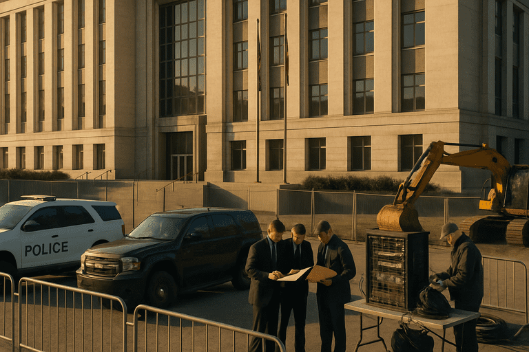 Federal personnel and vehicles outside a government complex during border operations planning.