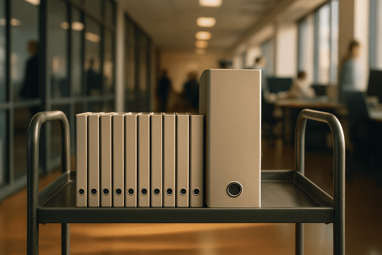Interior view of a federal agency corridor with staff at desks and glass conference rooms in late-afternoon light.