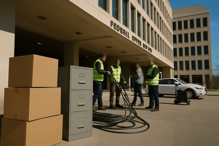 Packed moving boxes and staff outside a federal office as a consolidation unfolds.