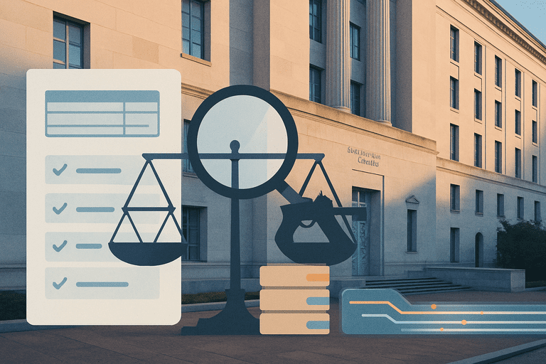 Department of Justice building exterior at dawn with staff entering and a plainclothes agent walking by.