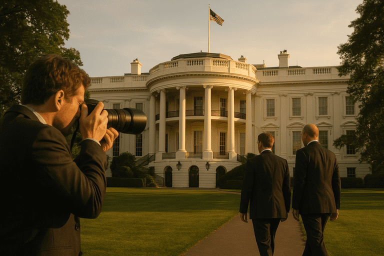 White House North Portico with staff and a press photographer in the foreground at late afternoon.