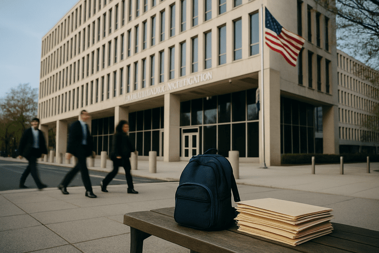 Mid-range photo of the Department of Education headquarters with staff walking in front.