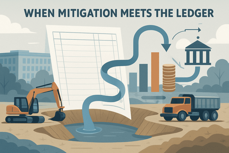 Local stormwater mitigation project with equipment and county staff reviewing plans.
