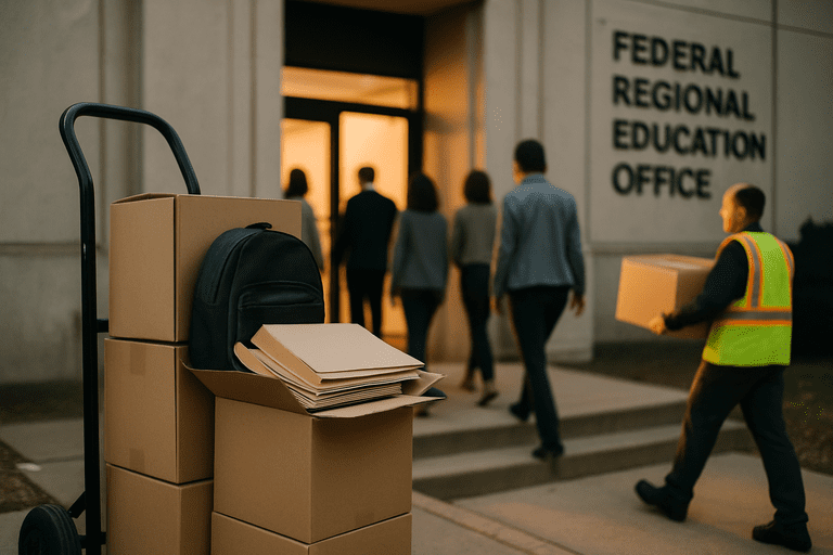Staff and movers leave a Department of Education regional office with boxes in a late-afternoon scene.