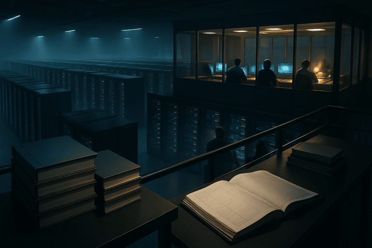 Analysts monitor data dashboards inside a federal operations center with server racks and glass walls.