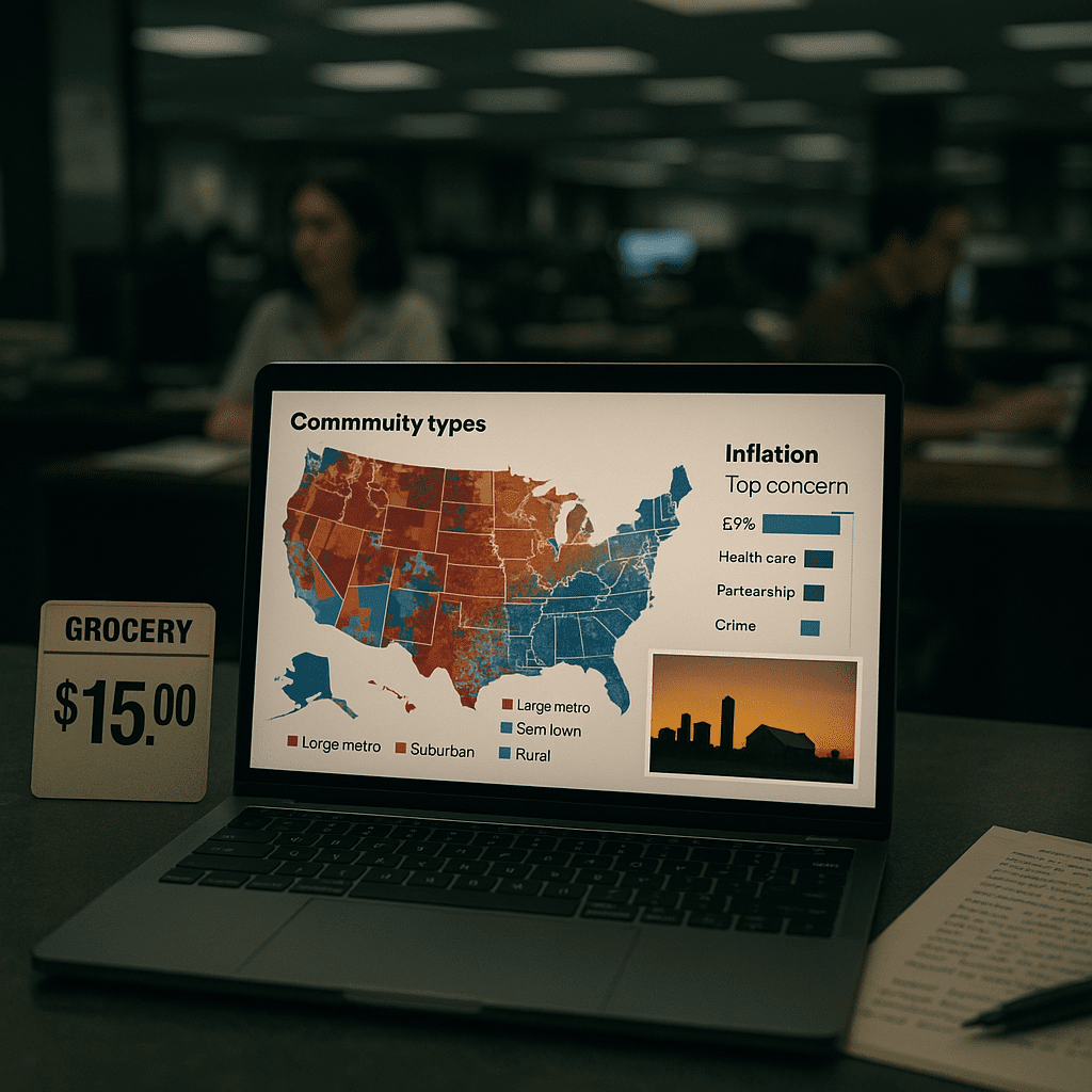 Newsroom desk with map of U.S. community types, an inflation bar chart, city skyline and rural farmhouse in a composite image.