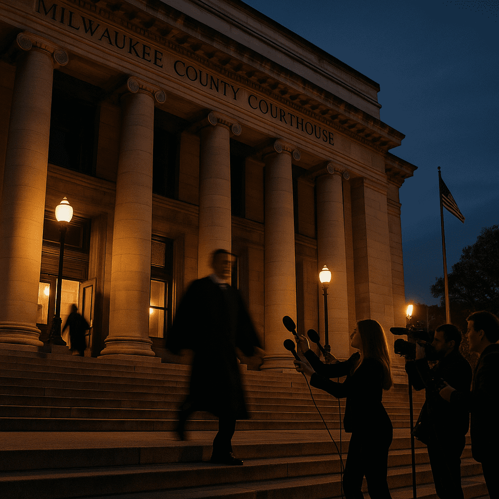 Milwaukee County Courthouse exterior with a judge exiting and reporters on the steps.