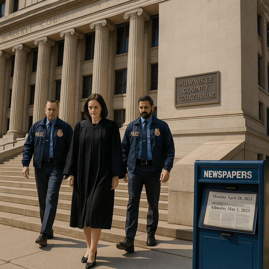 Milwaukee County Courthouse exterior with a judge descending steps accompanied by agents.